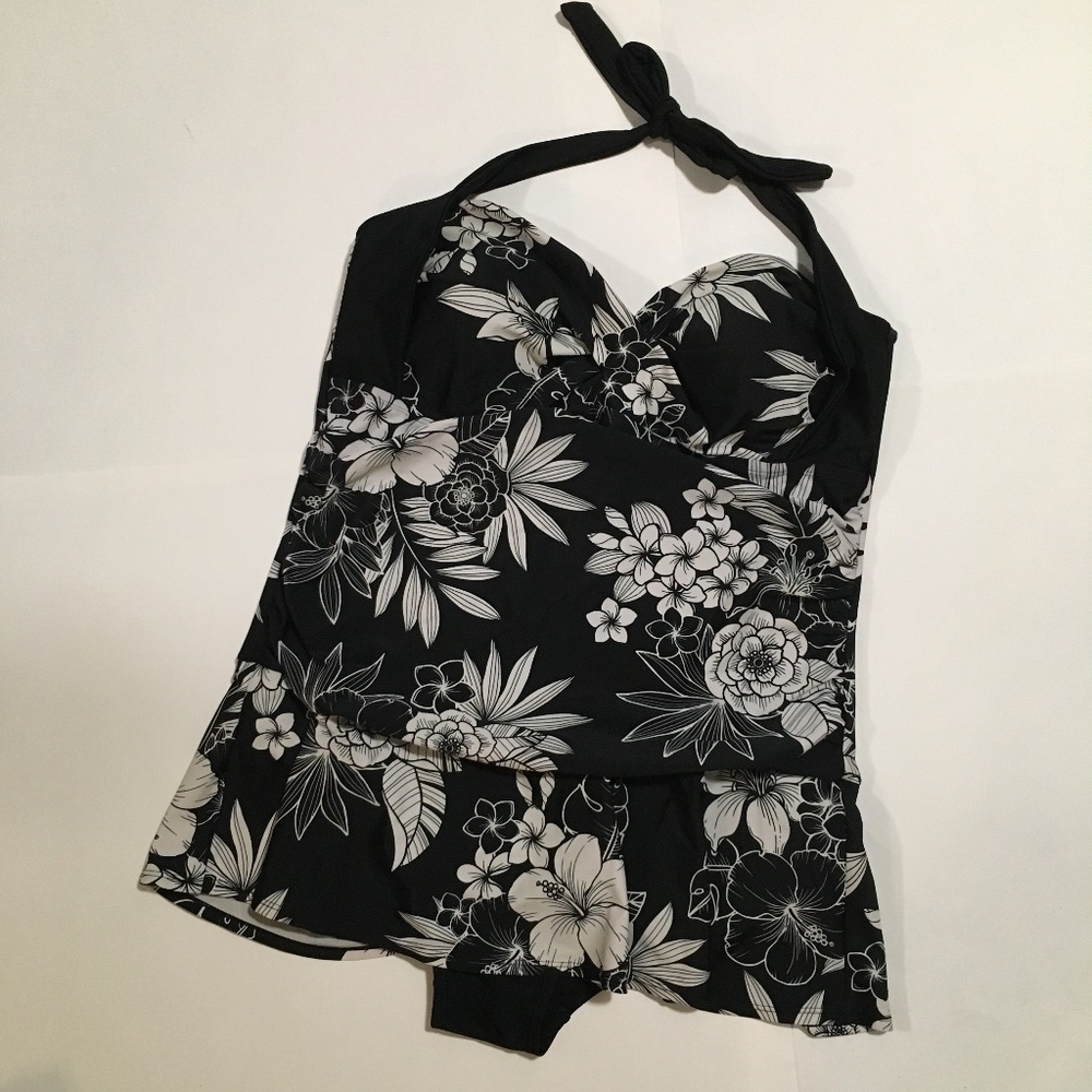 Black and white floral print one piece halter swimsuit. Size 18.